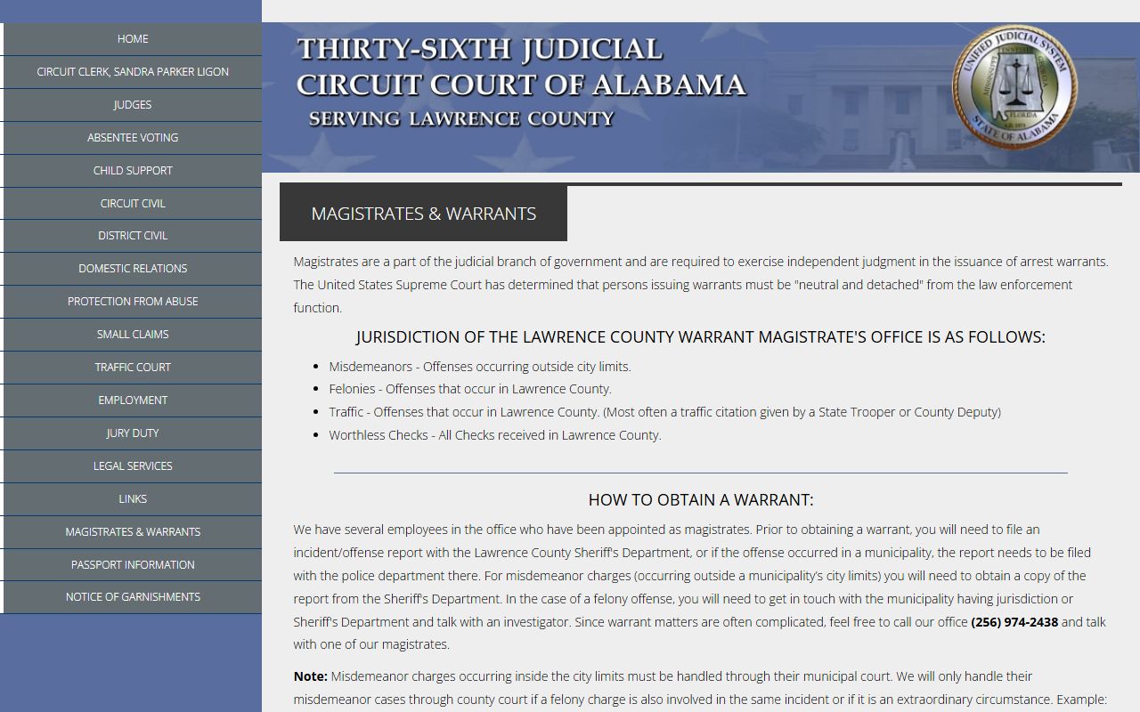 Lawrence County magistrates and warrants page for arrest records and court charges