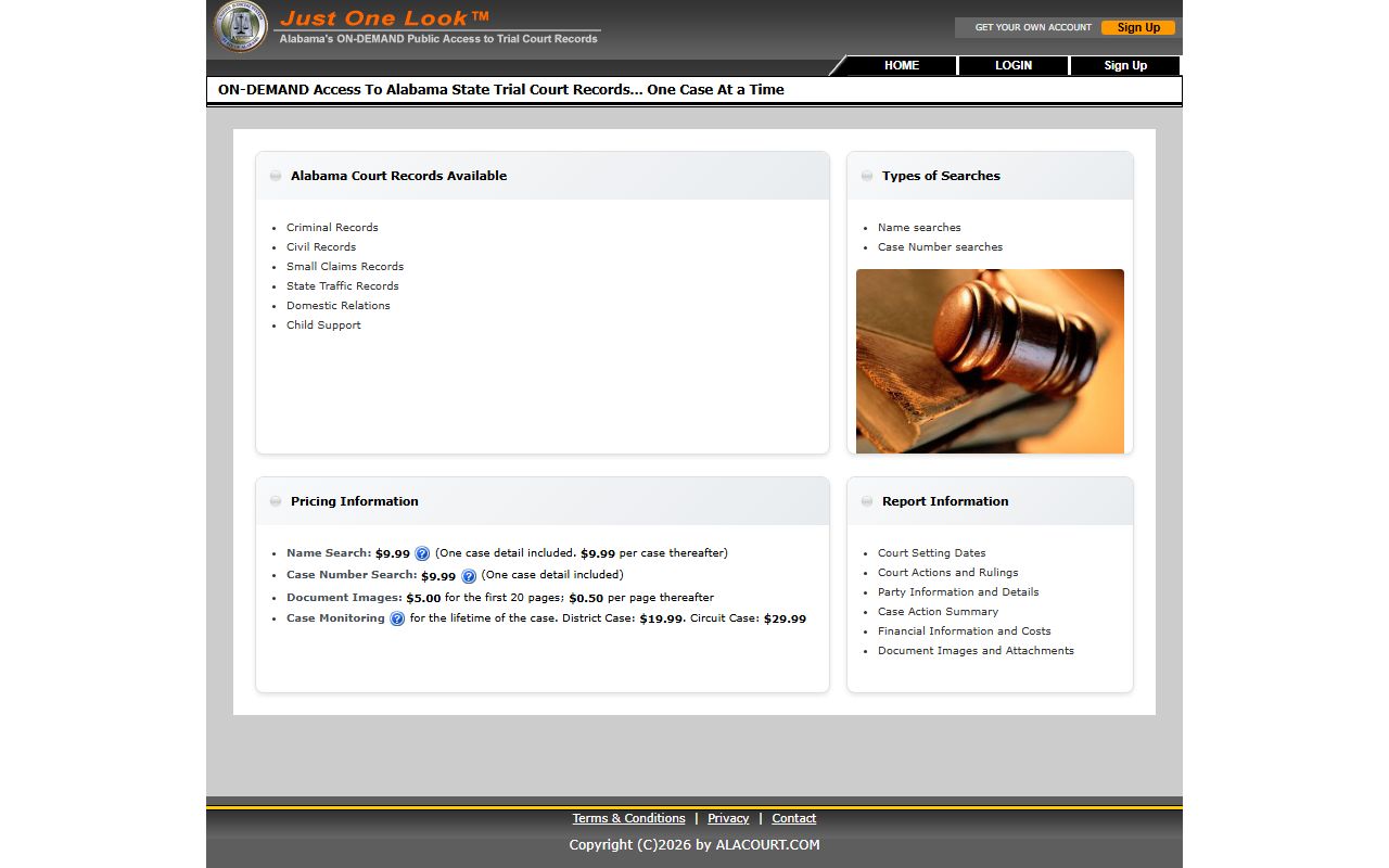 Alacourt ACCESS search page for Lawrence County arrest records and court charges