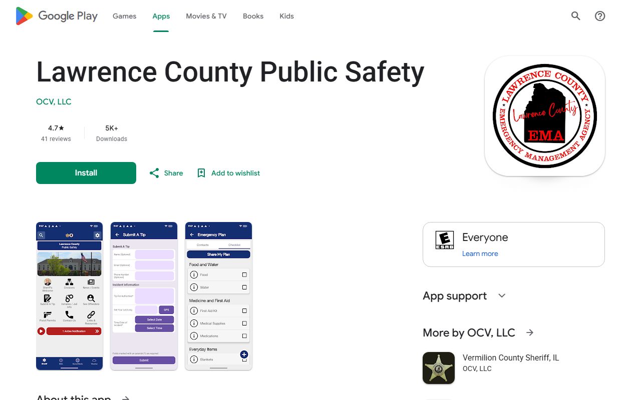 Google Play listing for the Lawrence County Public Safety app